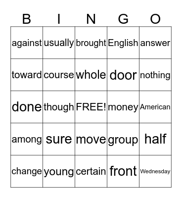 Sight Word Bingo Card