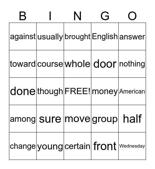 Sight Word Bingo Card