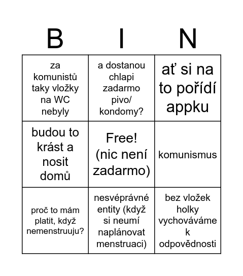 Menstruační vložkoBingo Card