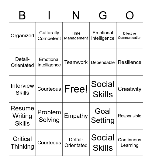 Job Skills BINGO Card