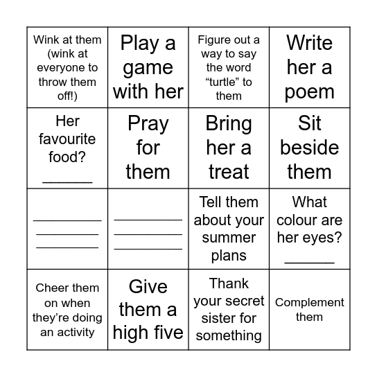 Secret Sister Bingo Card