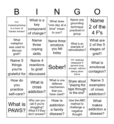 Recovery Bingo Card