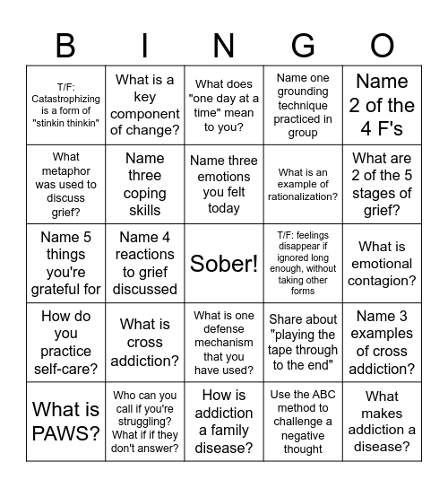 Recovery Bingo Card