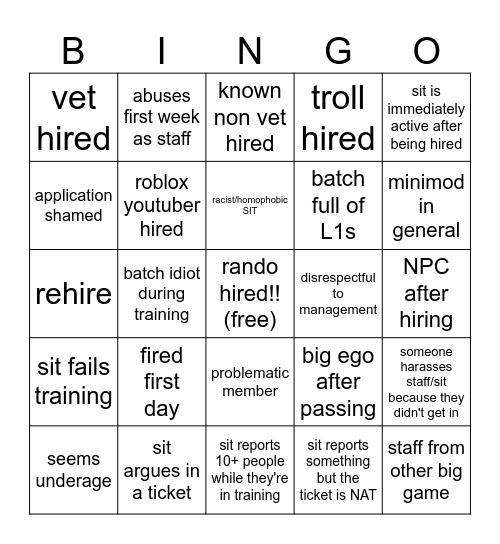 SIT BINGO!!!! Bingo Card