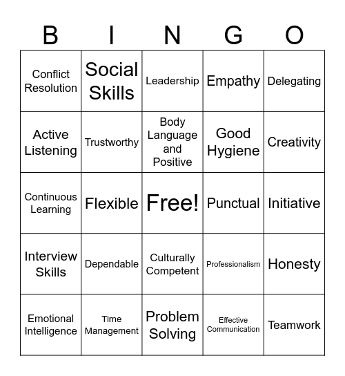 Job Skills BINGO Card