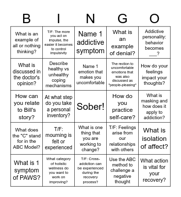 Recovery Bingo Card