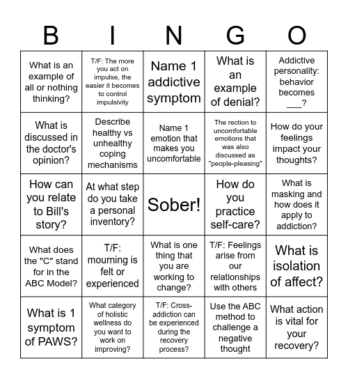 Recovery Bingo Card