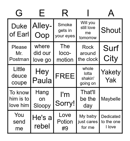 50's - 60's Music Bingo Card