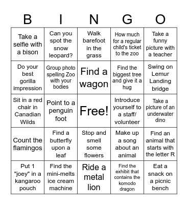 Calgary Zoo Wellness Scavenger Hunt Bingo Card