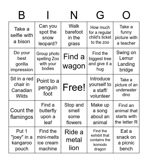 Calgary Zoo Wellness Scavenger Hunt Bingo Card