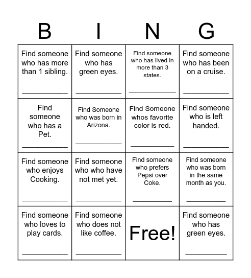 Find Someone Who Bingo Card