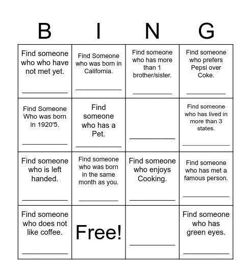 Find Someone Who Bingo Card