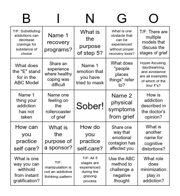 Recovery Bingo Card