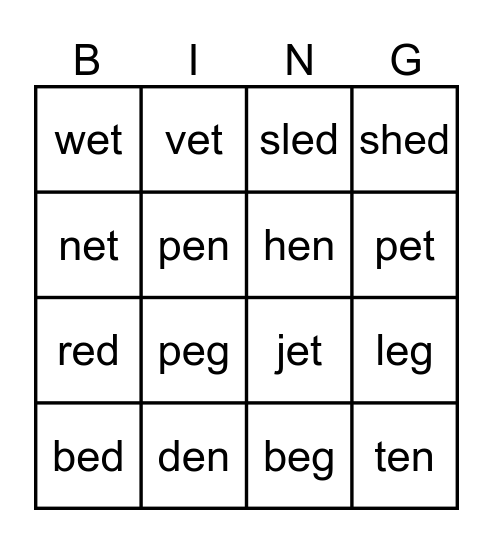 Word Family Bingo Card