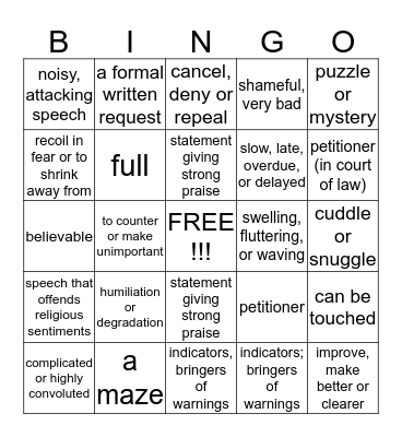 Vocabulary Words  Bingo Card