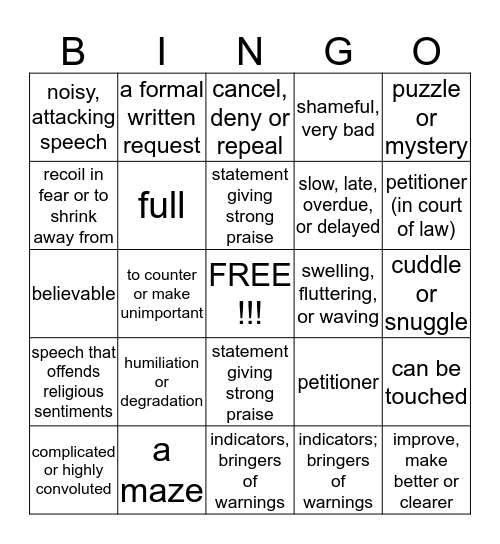 Vocabulary Words  Bingo Card