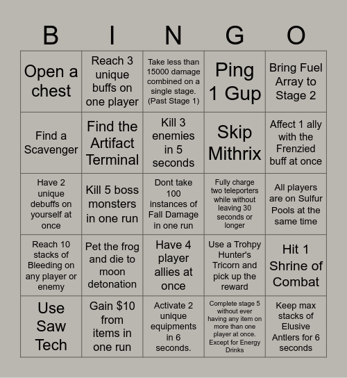 Loadout Race Bingo Card