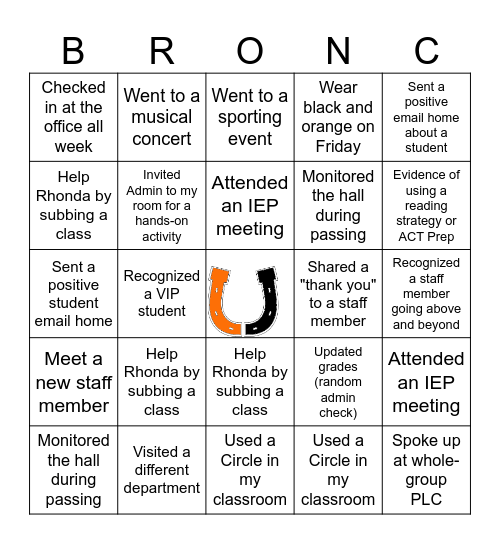 Bronc Nation Bingo Card