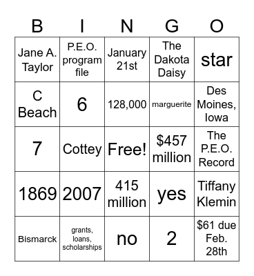 P.E.O. BINGO Card