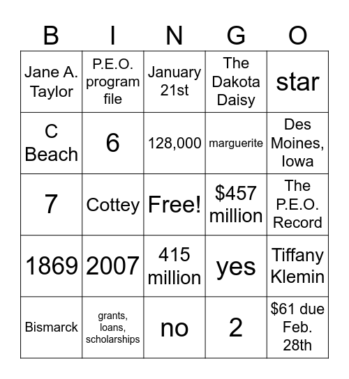 P.E.O. BINGO Card