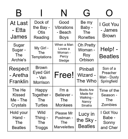60s Hits Bingo Card