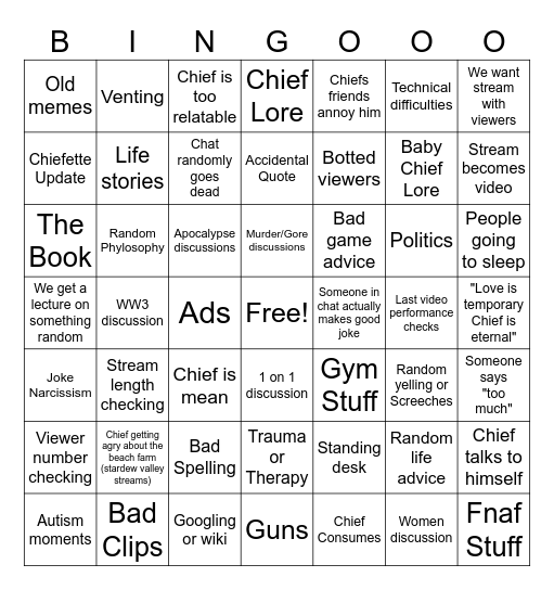 Just A Chief Bingo Card