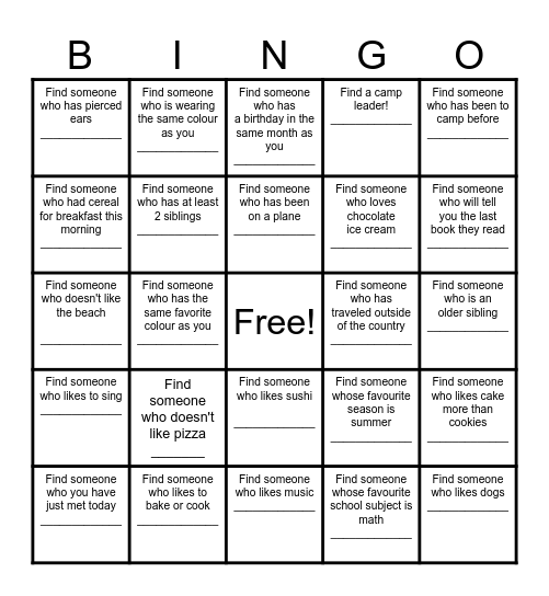 Find a Friend Bingo Card