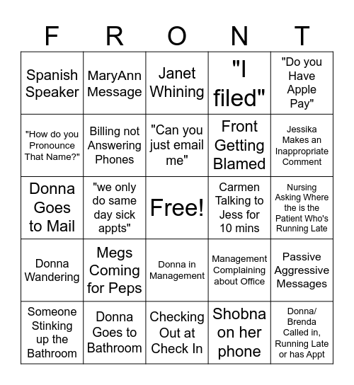 Front Desk Bingo Card