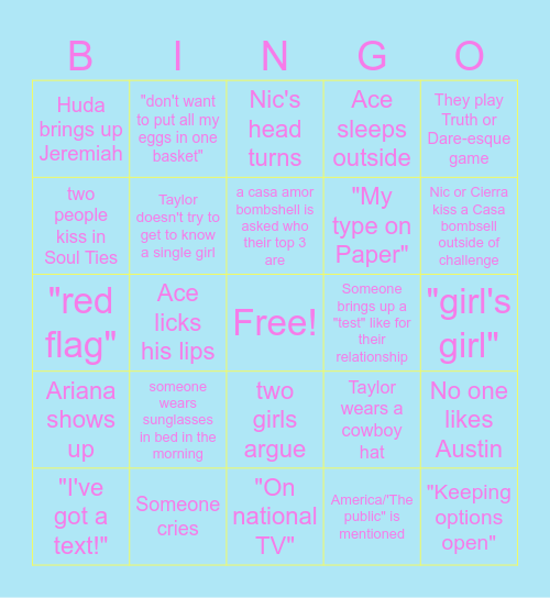 Love Island S7 Casa Amor Night 1 Bingo Card