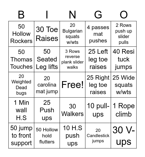 Conditioning Bingo Card