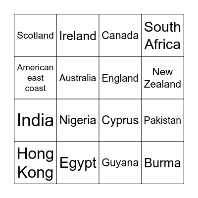British Empire Bingo Card