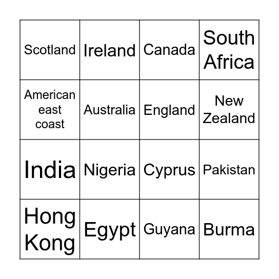 British Empire Bingo Card
