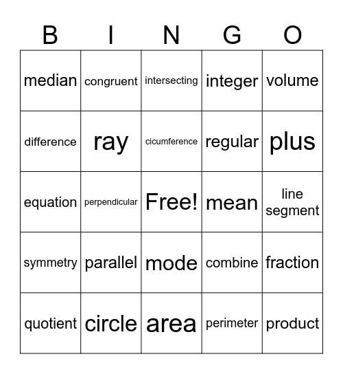 Math Vocabulary II Bingo Card