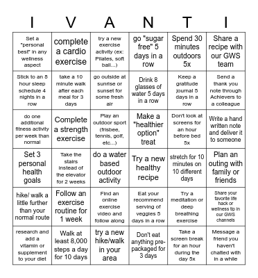 Ivanti Wellness Bingo Card