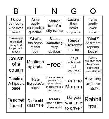 Grandma Donna Road-trip Bingo Card