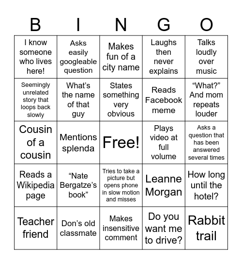Grandma Donna Road-trip Bingo Card