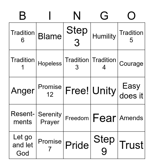 Alcoholics Anonymous  Bingo Card