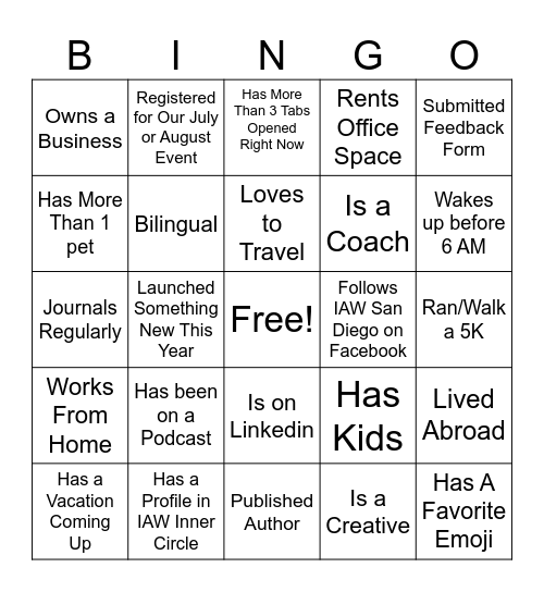 IAW San Diego BINGO Card