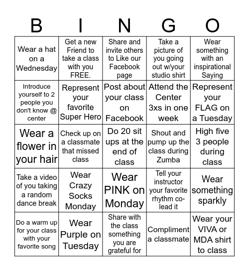 Viva DanceFit "BINGO" Challenge Bingo Card