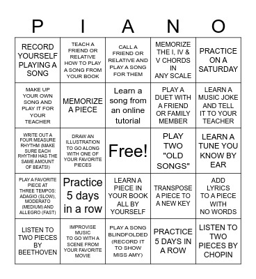 SUMMER PIANO CHALLENGE! Bingo Card