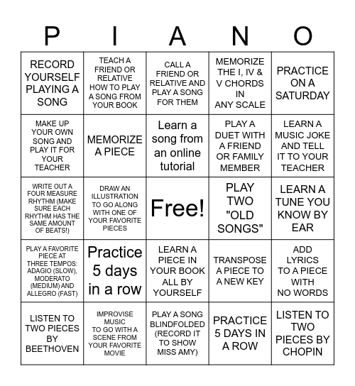 SUMMER PIANO CHALLENGE! Bingo Card