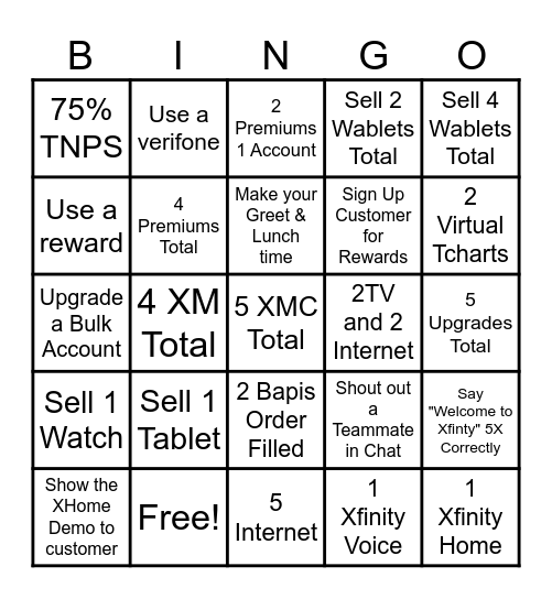 Xfinity Bingo Card