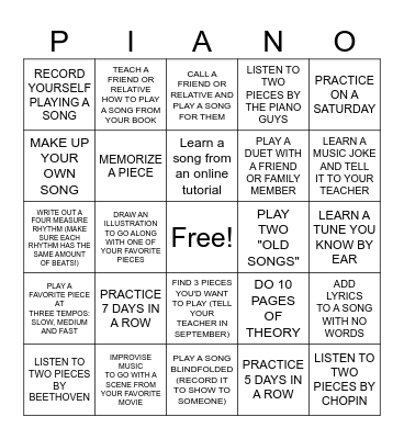 SUMMER PIANO CHALLENGE! Bingo Card