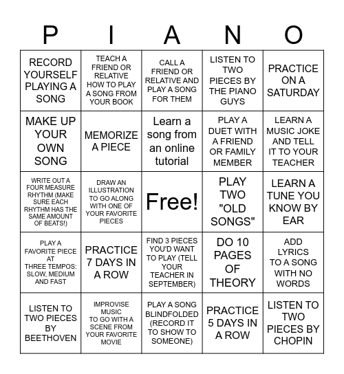 SUMMER PIANO CHALLENGE! Bingo Card