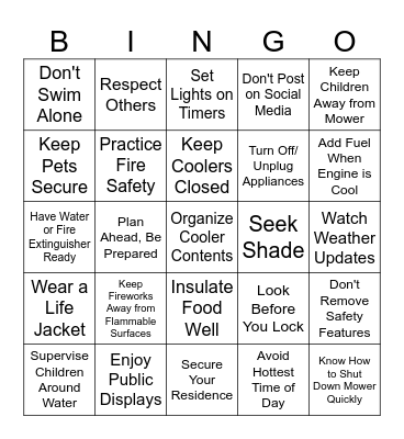 Summer Safety Bingo Card
