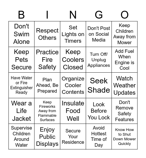 Summer Safety Bingo Card