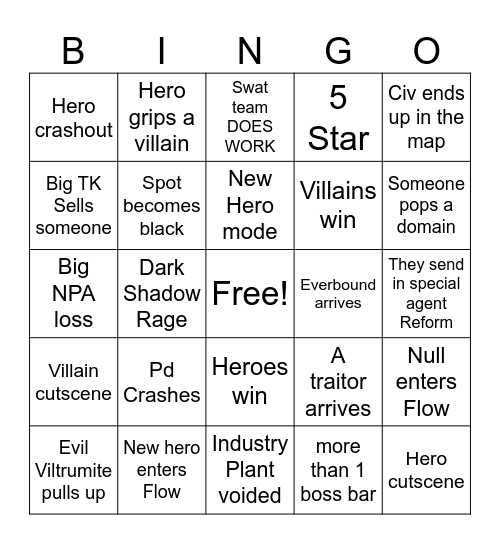 Hero Mission Bingo Card