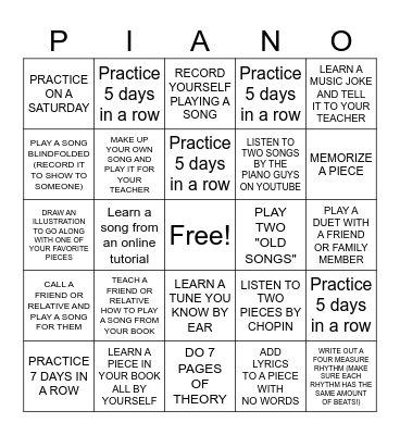 SUMMER PIANO CHALLENGE! Bingo Card
