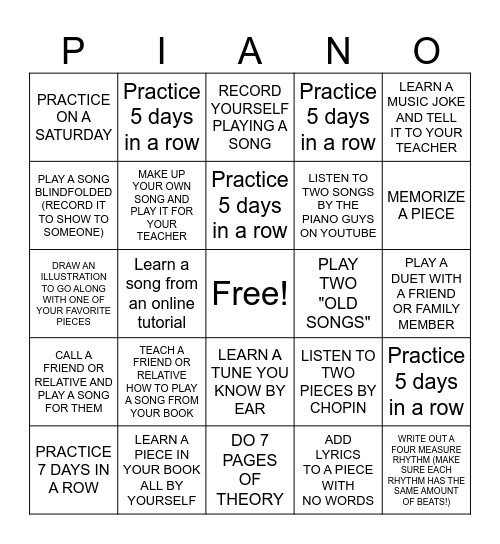 SUMMER PIANO CHALLENGE! Bingo Card