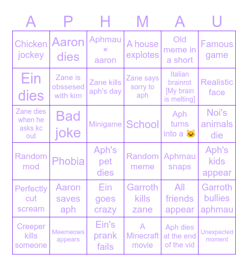 Aphmau bingo Card